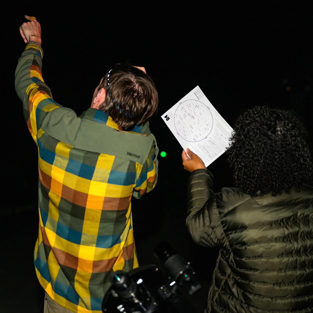 Students and Professor observe the starts and place a telescope in place