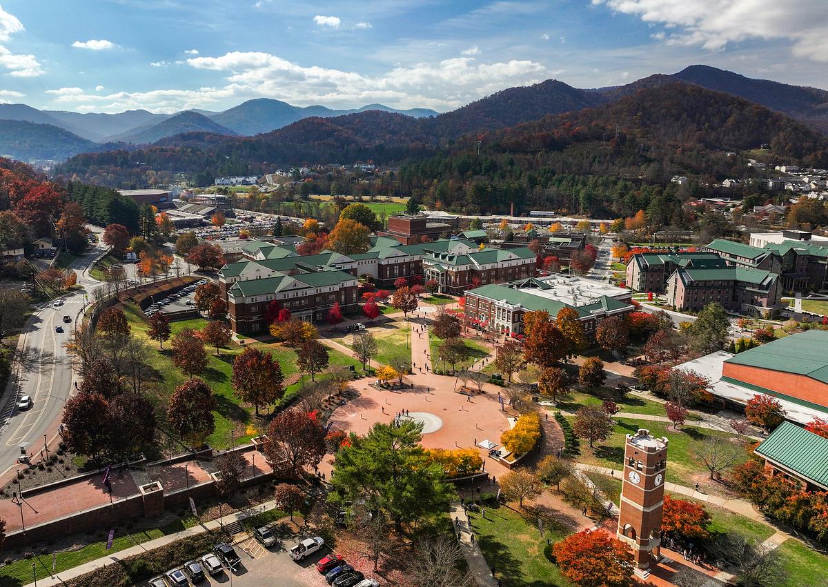 Aerial view of campus in the fall