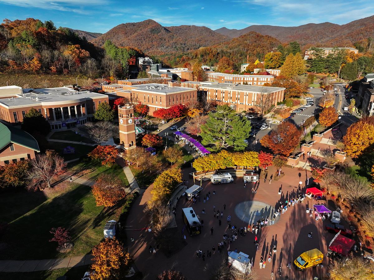 Aerial view of campus in the fall during the homecoming carnival