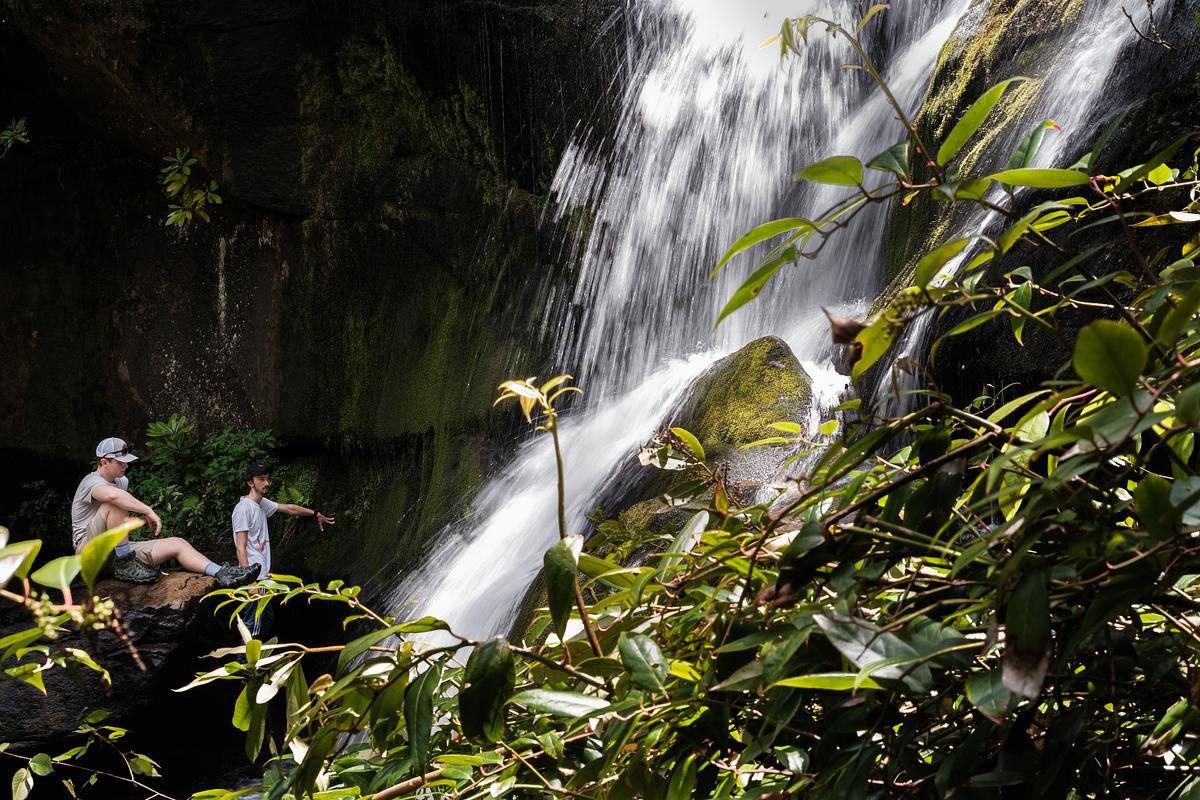 Students rest and enjoy a waterfall in the forest