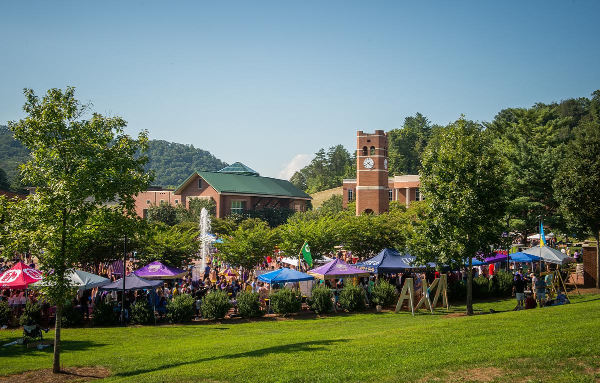 Tents setup around the alumni tower for the Valley Balleyhoo