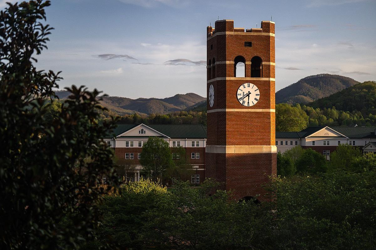 Alumni tower at sunset