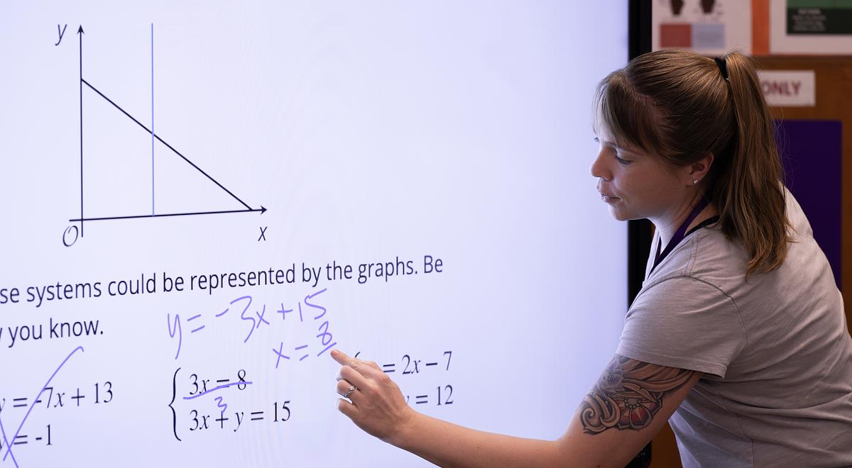 Teacher walking a class how to solve a math equation on a whiteboard