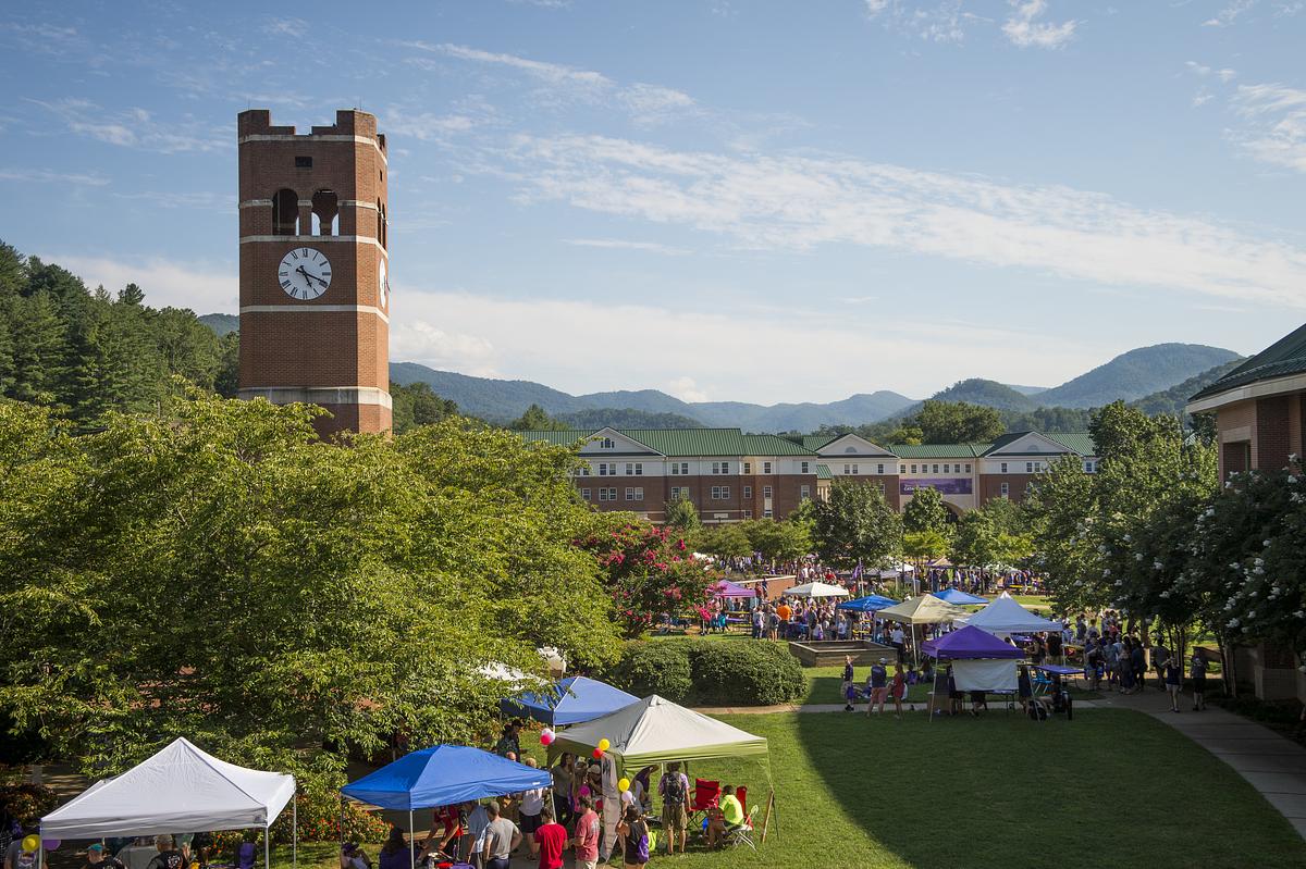 Alumni tower with tents surrounding it for the Valley Balleyhoo