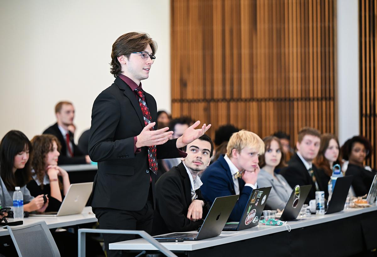 Student legislator speaking during a debate