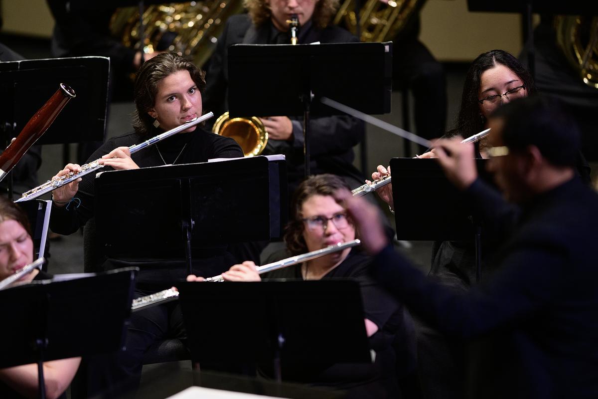 Students playing instruments in a concert as the Professor conducts