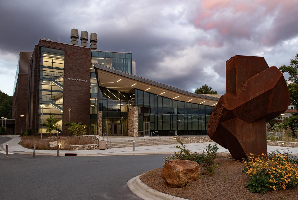 Apodaca Science Building main entrance at dusk. 