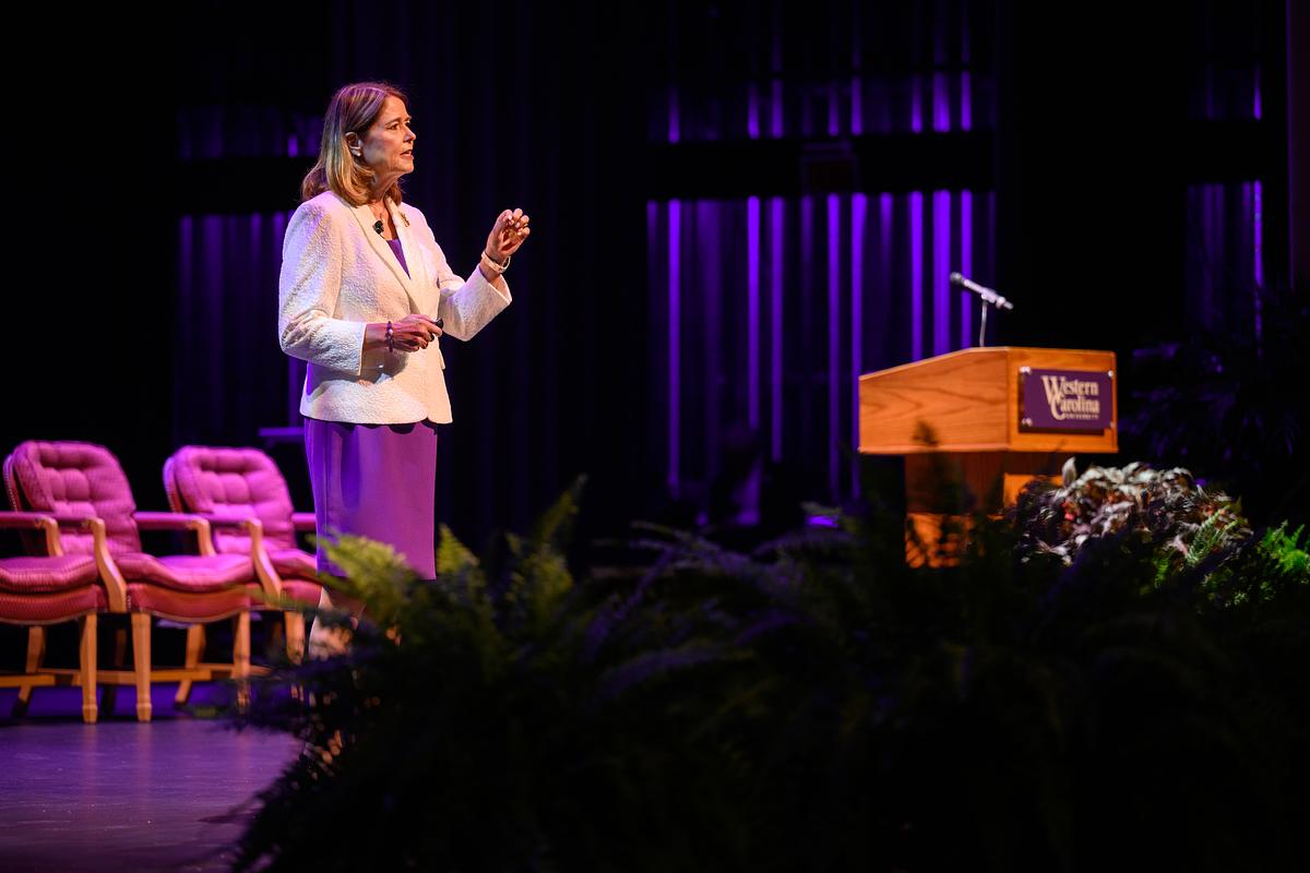 Chancellor Kelli Brown speaking on stage