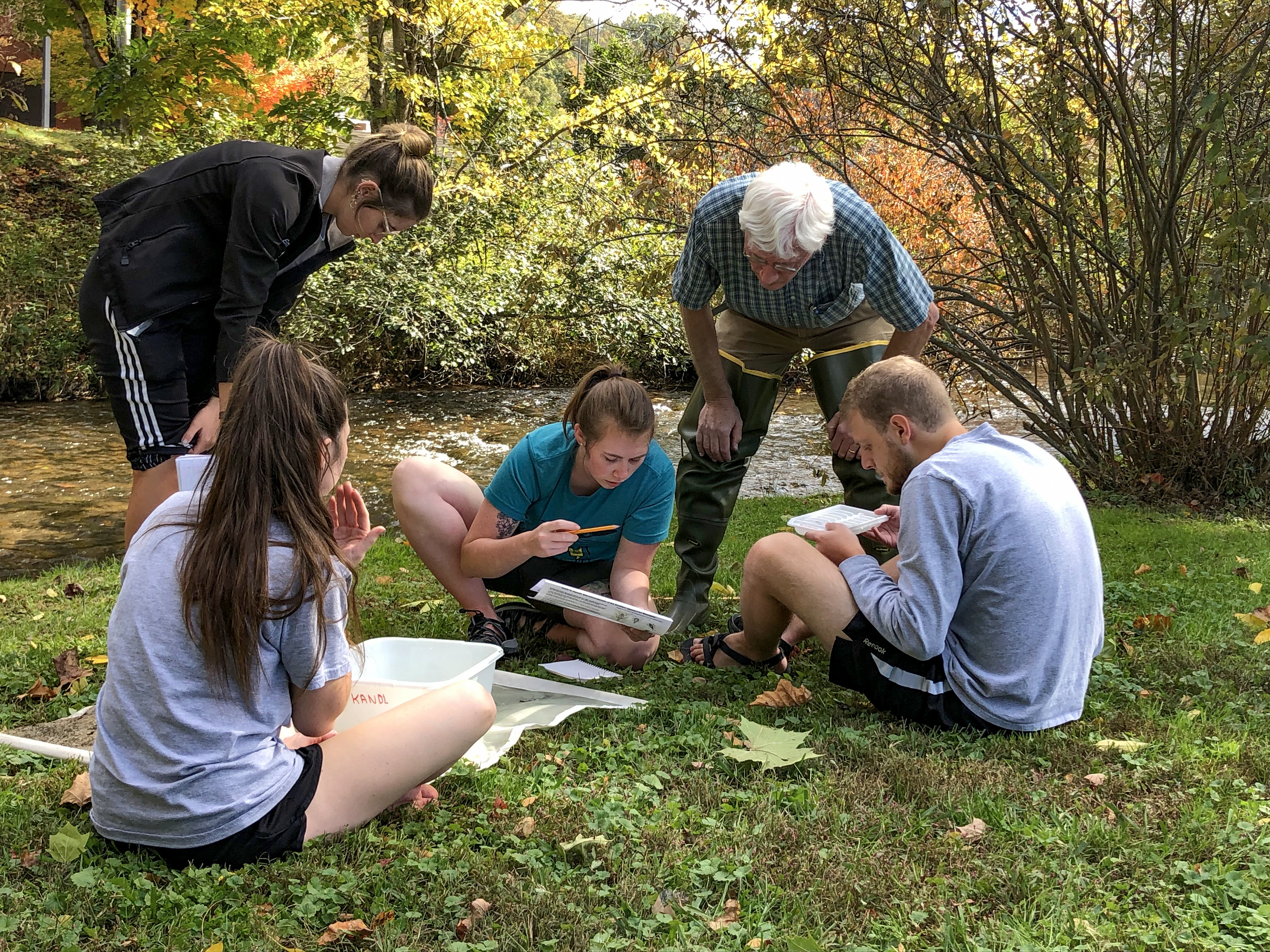 Ģ������Ƶbiology professor Joe Pechmann (standing, center) works with a group of students out in the field.