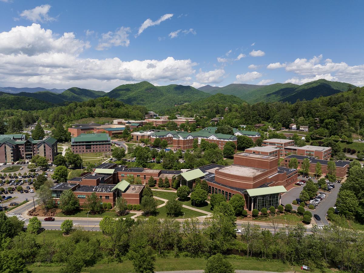 Aerial view of campus in the summer