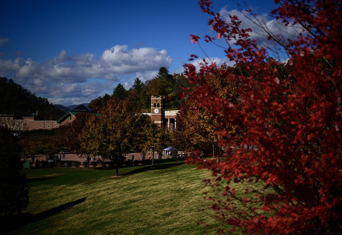 Alumni tower in the distance during fall