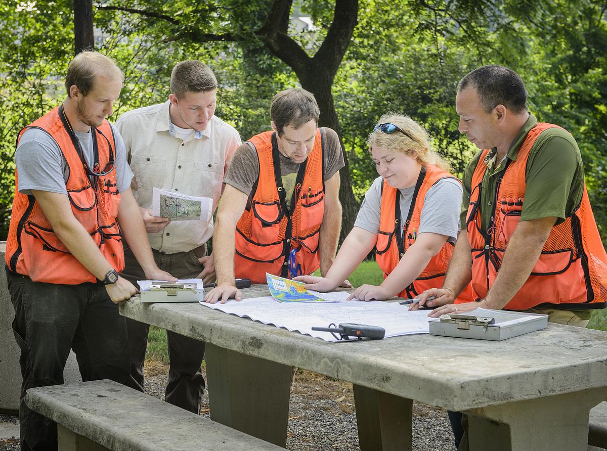 Students and Professor look over a map/chart on a picnic table outside in orange vests