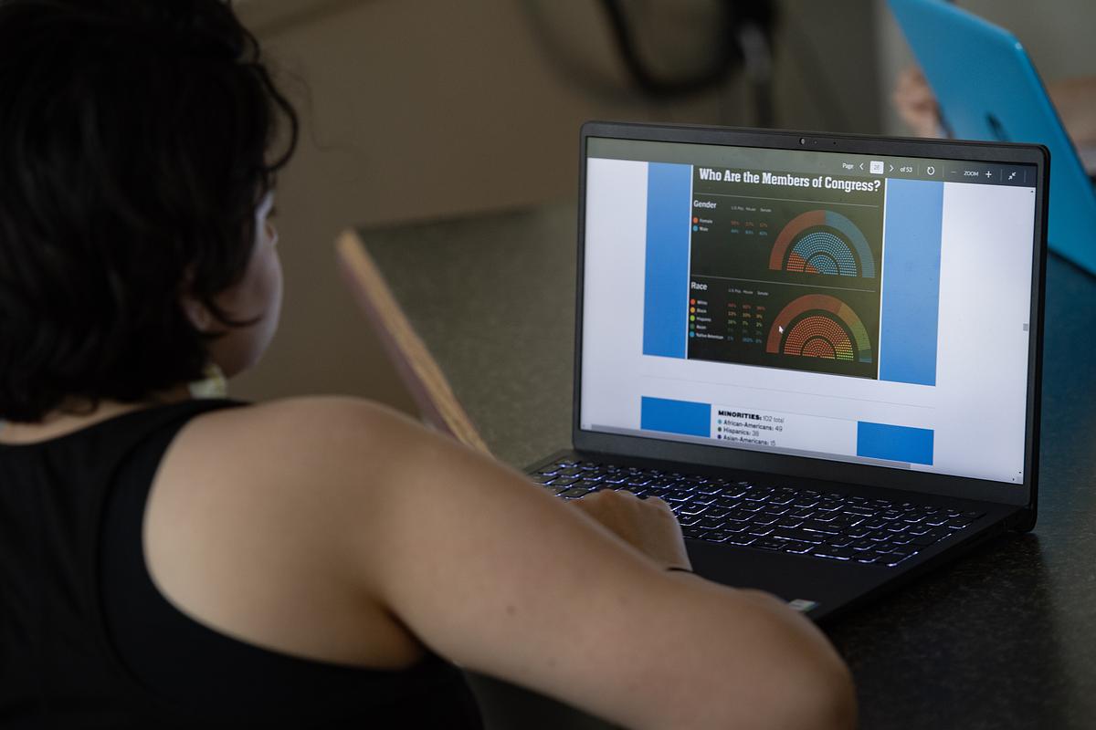 Student works at a desk during class on their laptop with charts and graphs on the screen