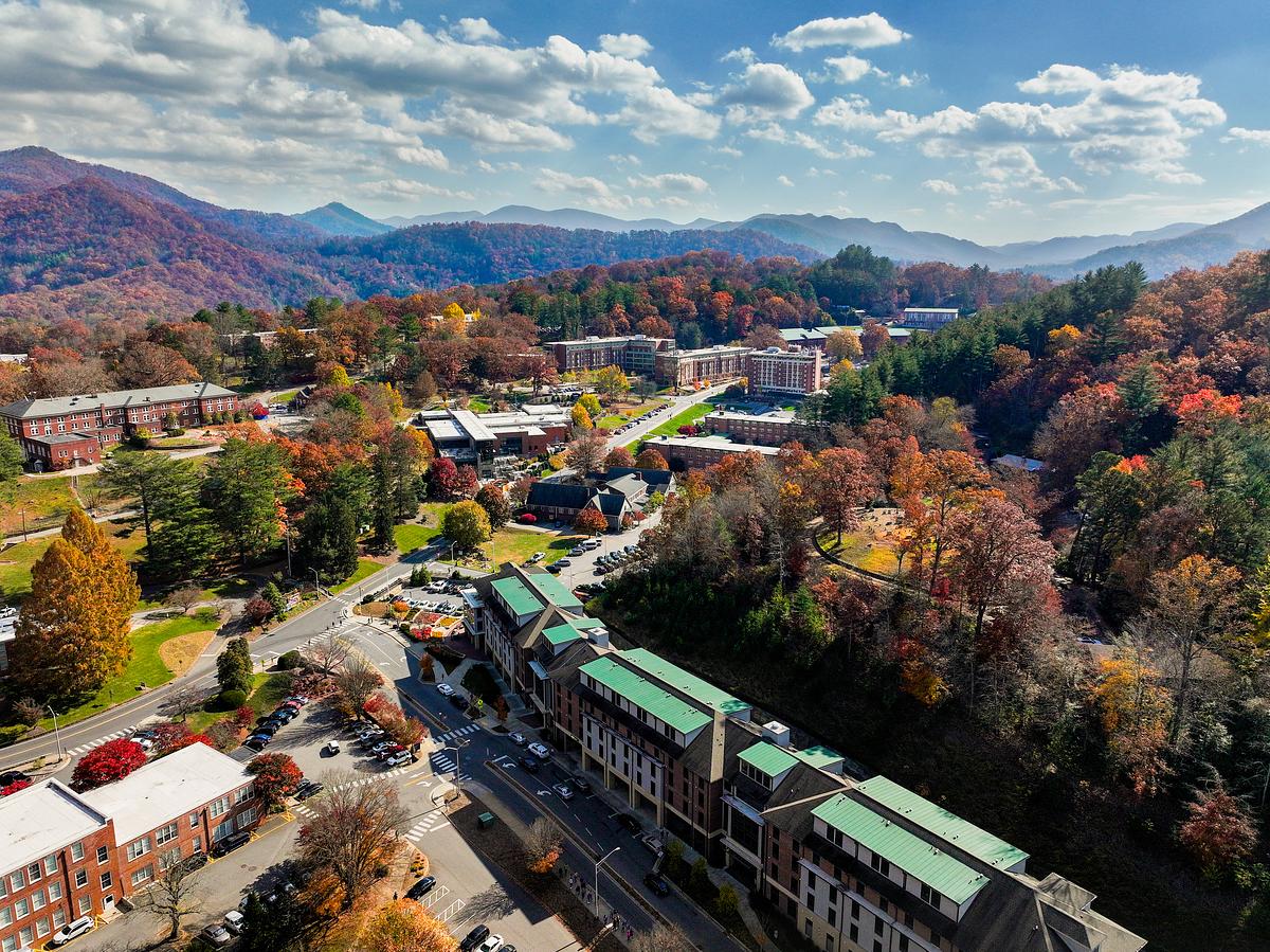 Aerial view of campus in the fall