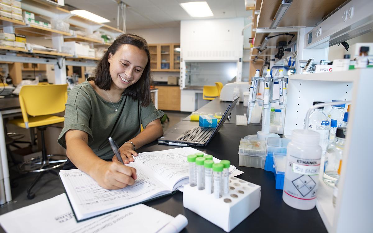 English graduate working and writing on a project in a science lab