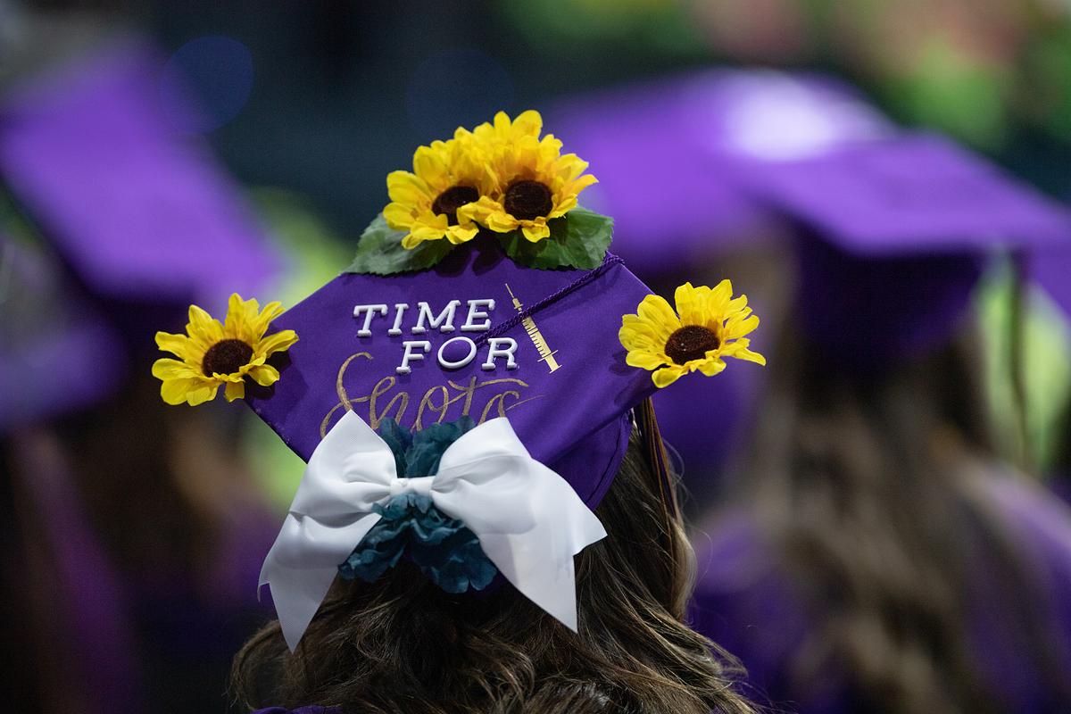 Picture of a purple graduation cap that is decorated