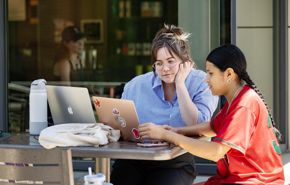 Student and advisor sit together at a table working on their laptops