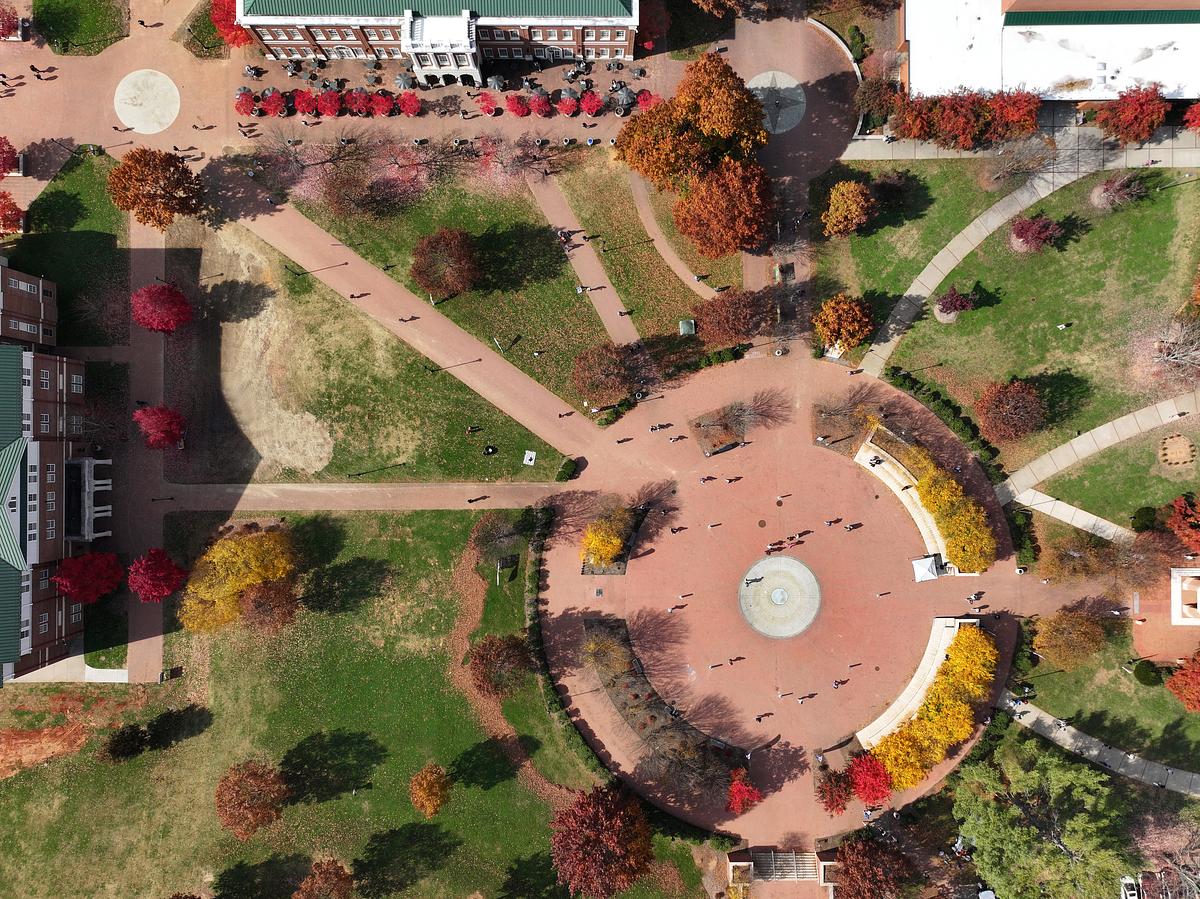 Aerial view of central campus in the fall