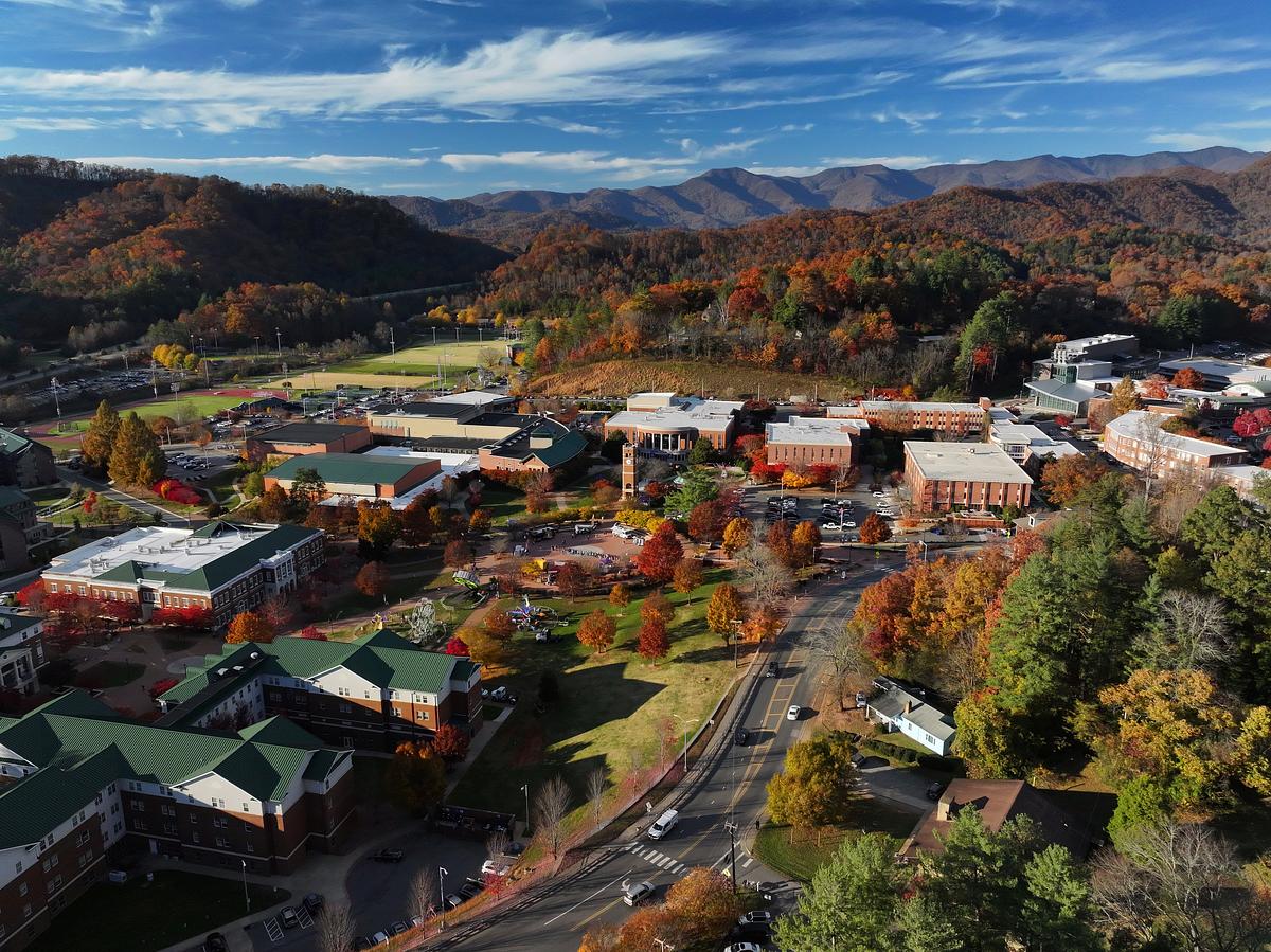 Aerial view of campus in the fall