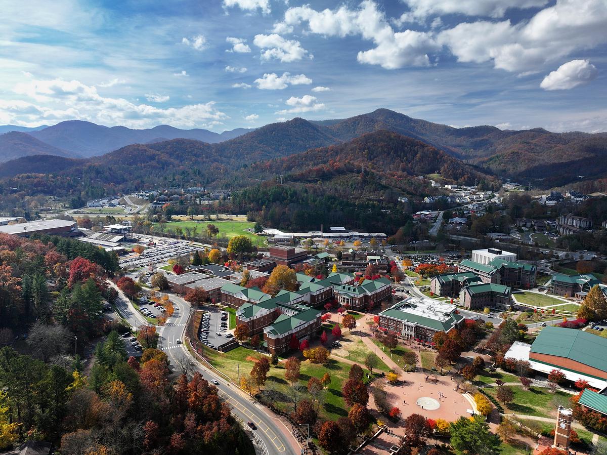 Aerial photo of campus in the fall
