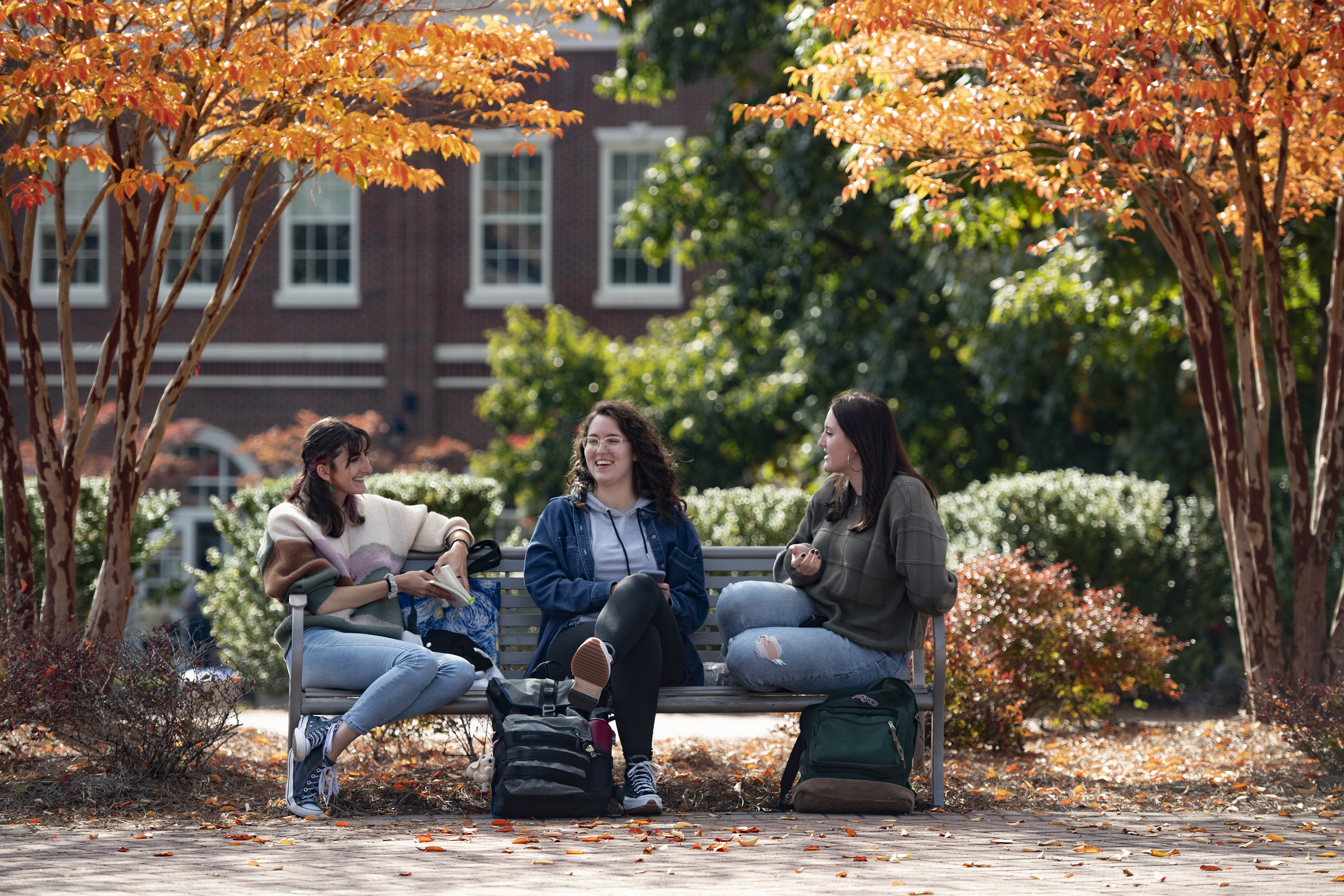 ĢƵstudents sitting on a bench on campus during the fall