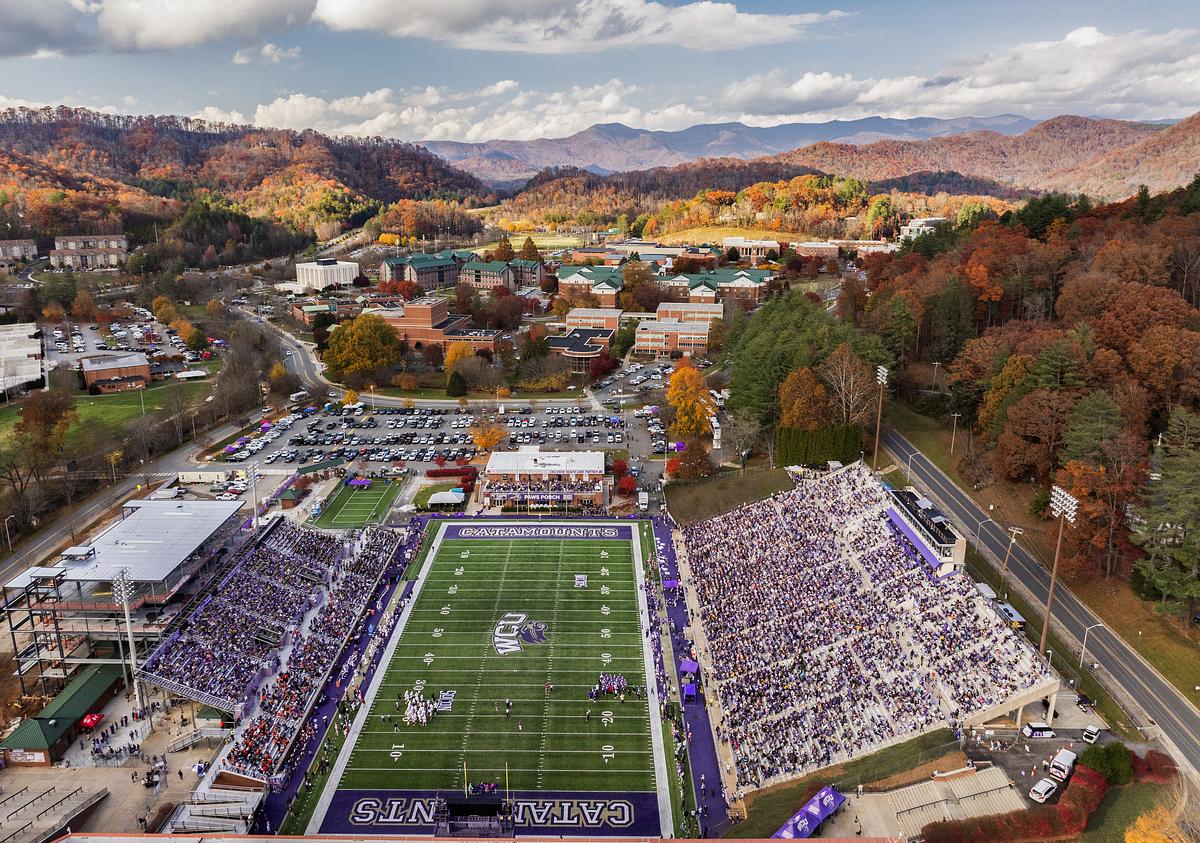 Aerial view of campus in the fall