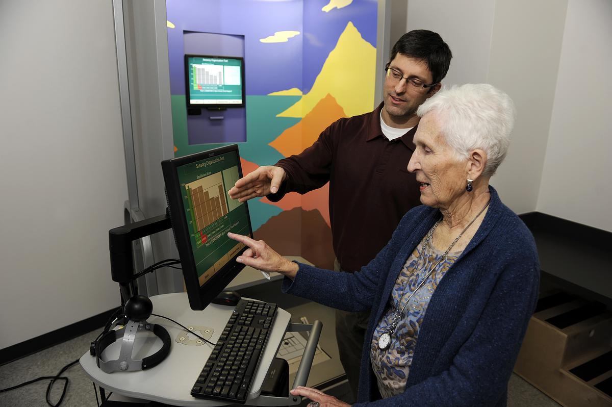 Patient undergoing analysis in the balance and fall clinic