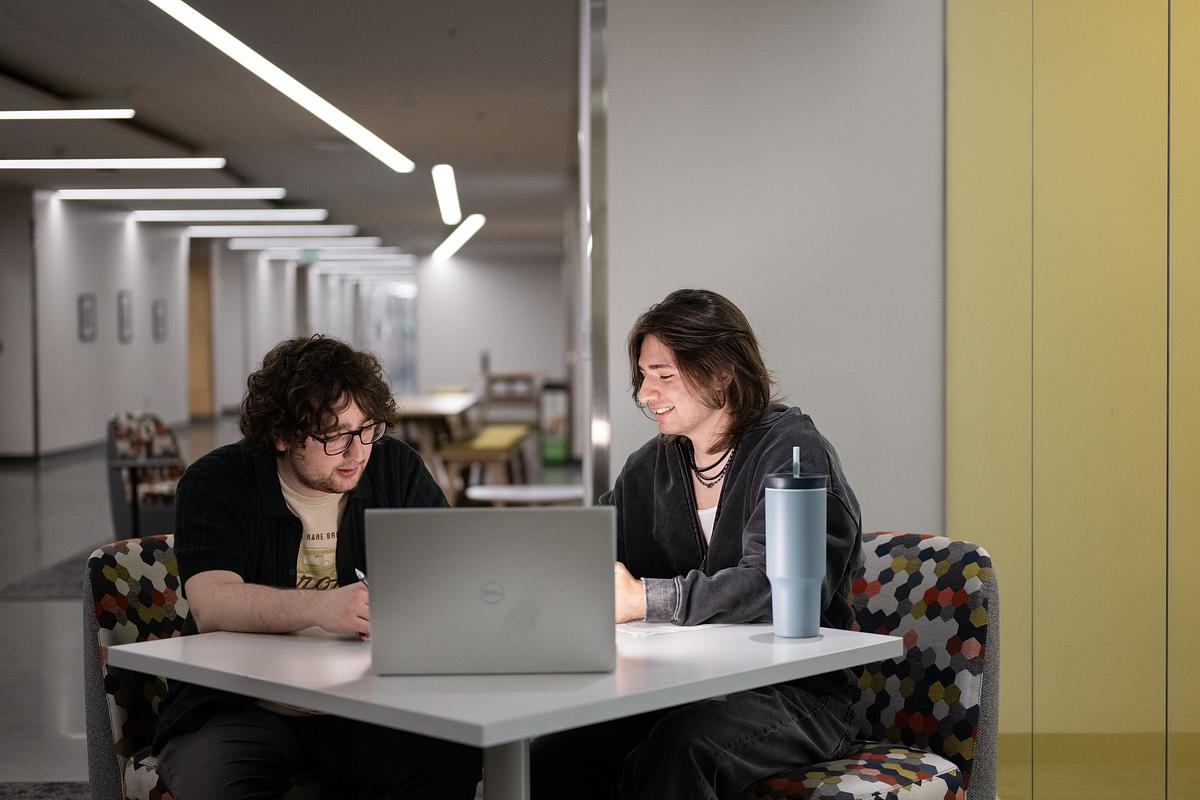 Two students sitting at a table working together