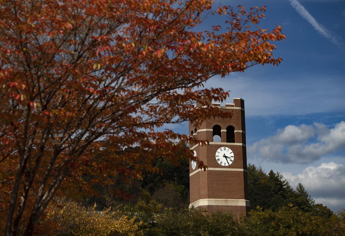 Alumni tower in the fall