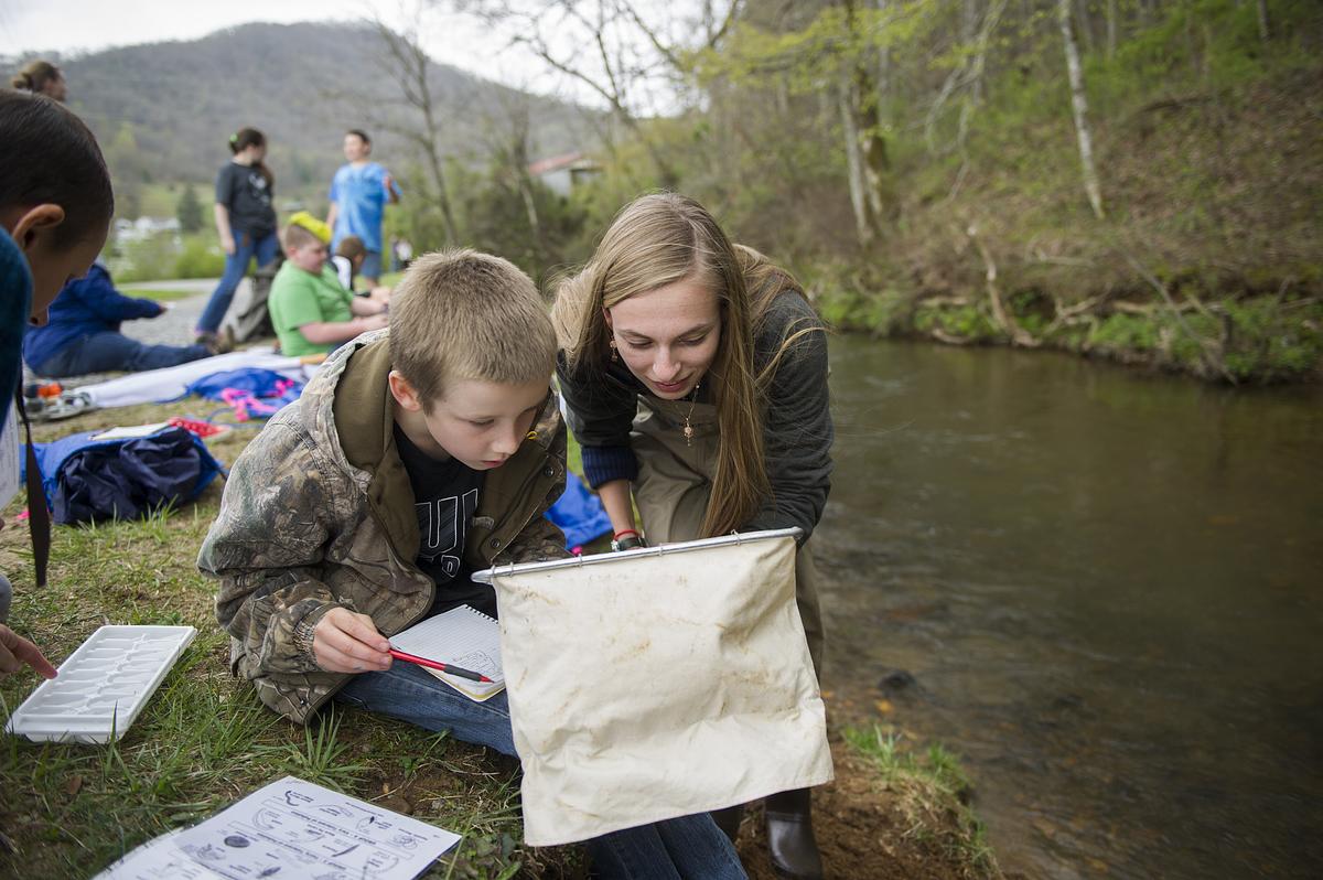 Students learning by the creek