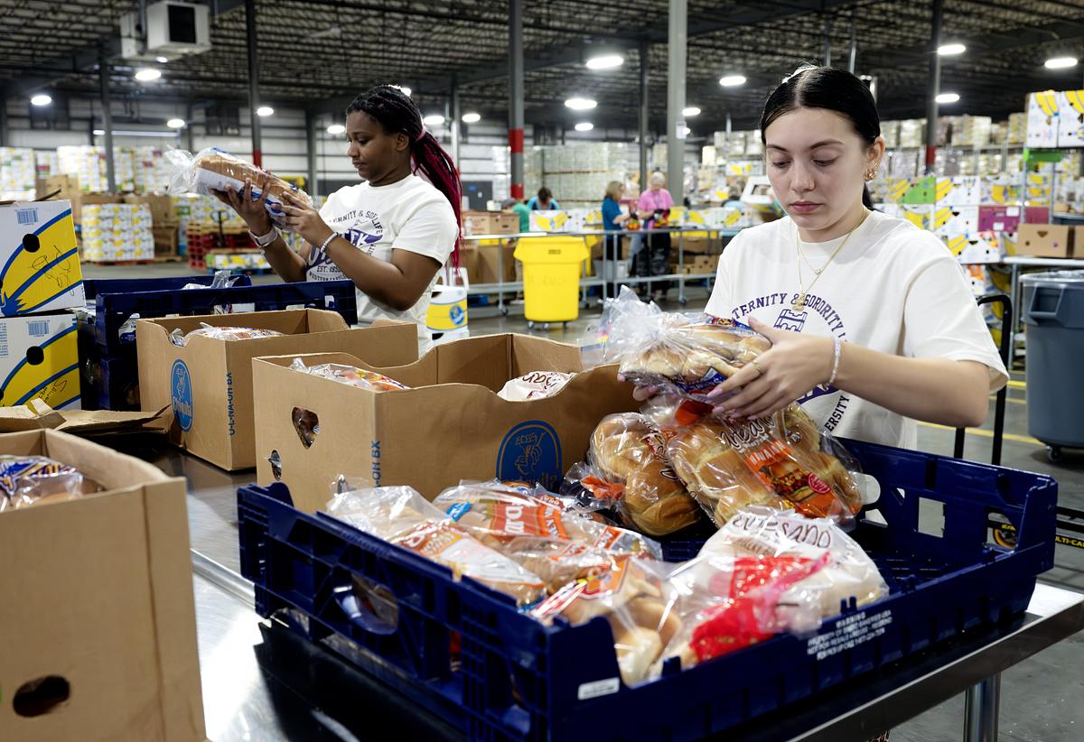 Students going through boxes of food and organizing products for the community