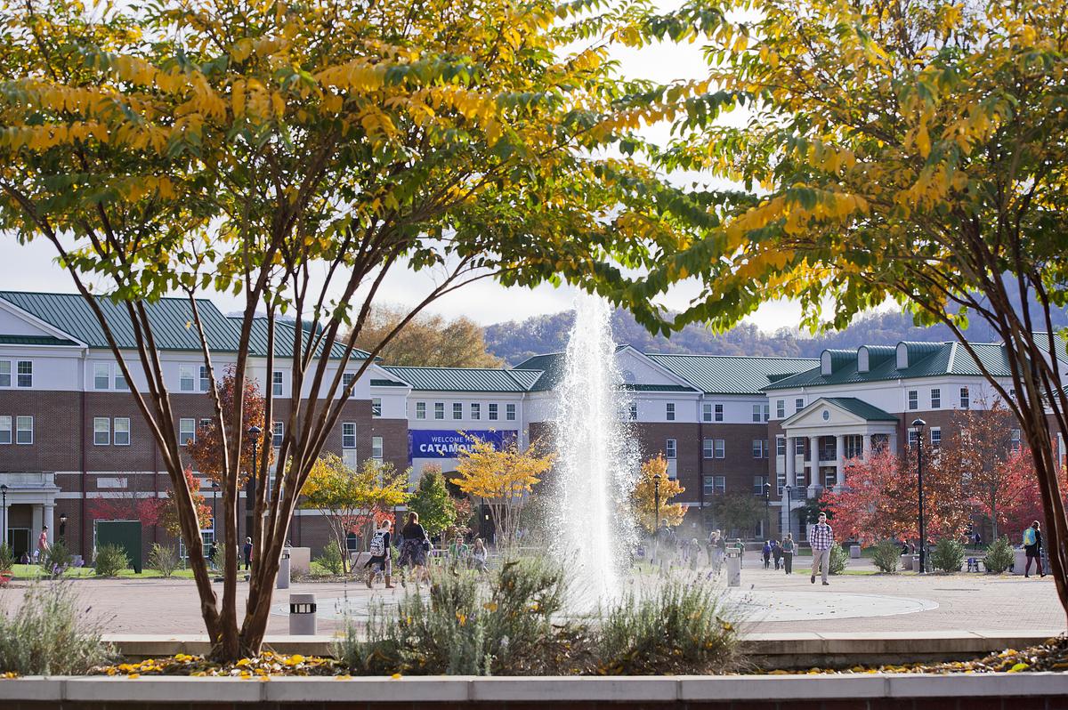 Plaza fountain in the center of campus during the fall