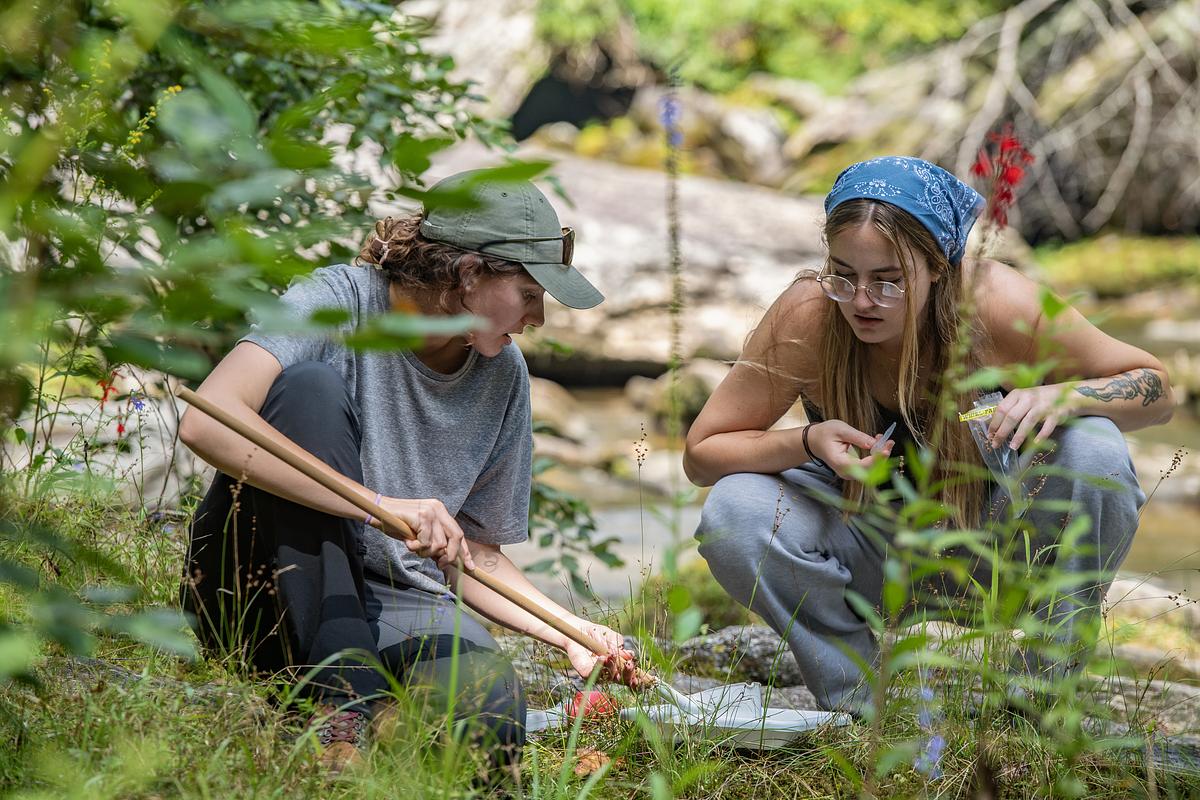 Students squatting down to observe something by a river