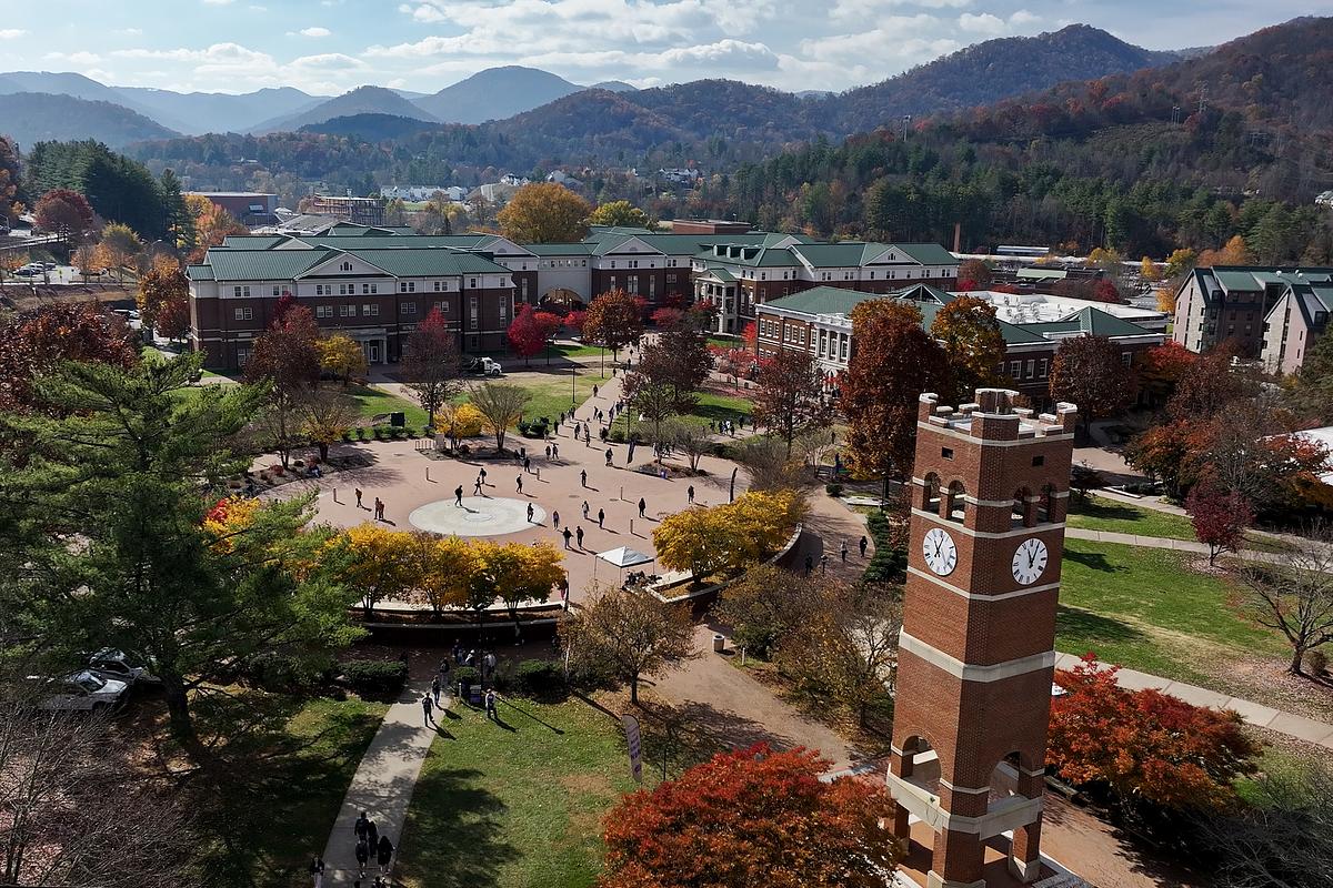 Aerial view of campus in the fall