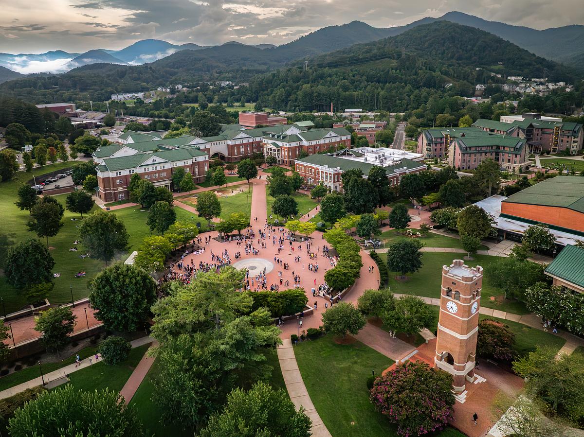 Aerial photo of campus with a storm coming in