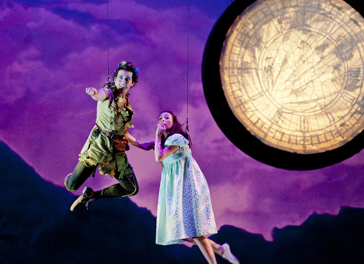 Picture of two student actors acting out peter pan