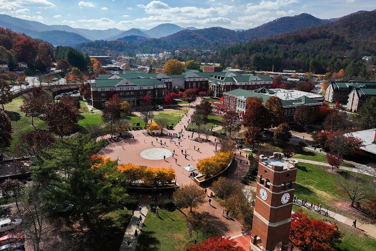 Aerial view of campus in the fall