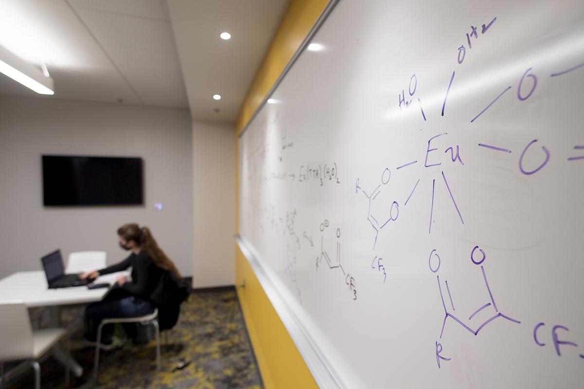 Data Science Concentration - professor working at their desk on a laptop with equations written on the whiteboard