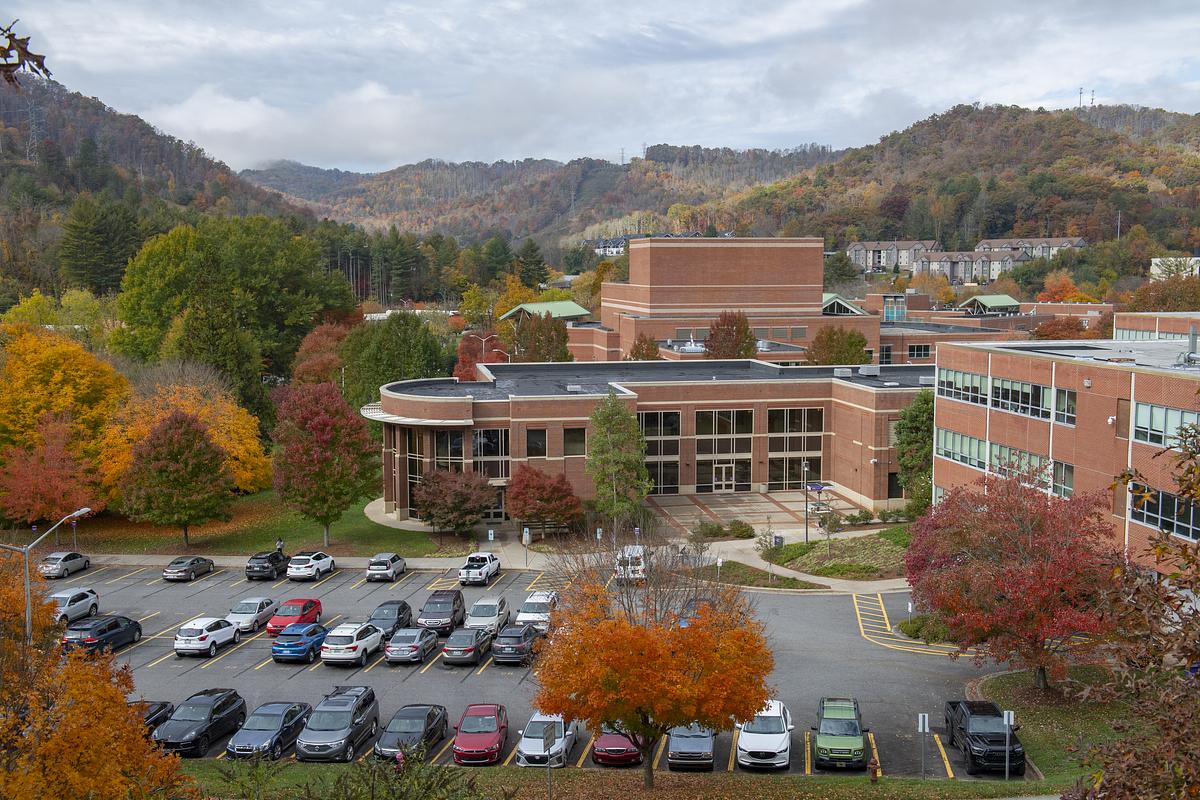 Aerial view of campus buildings in the fall