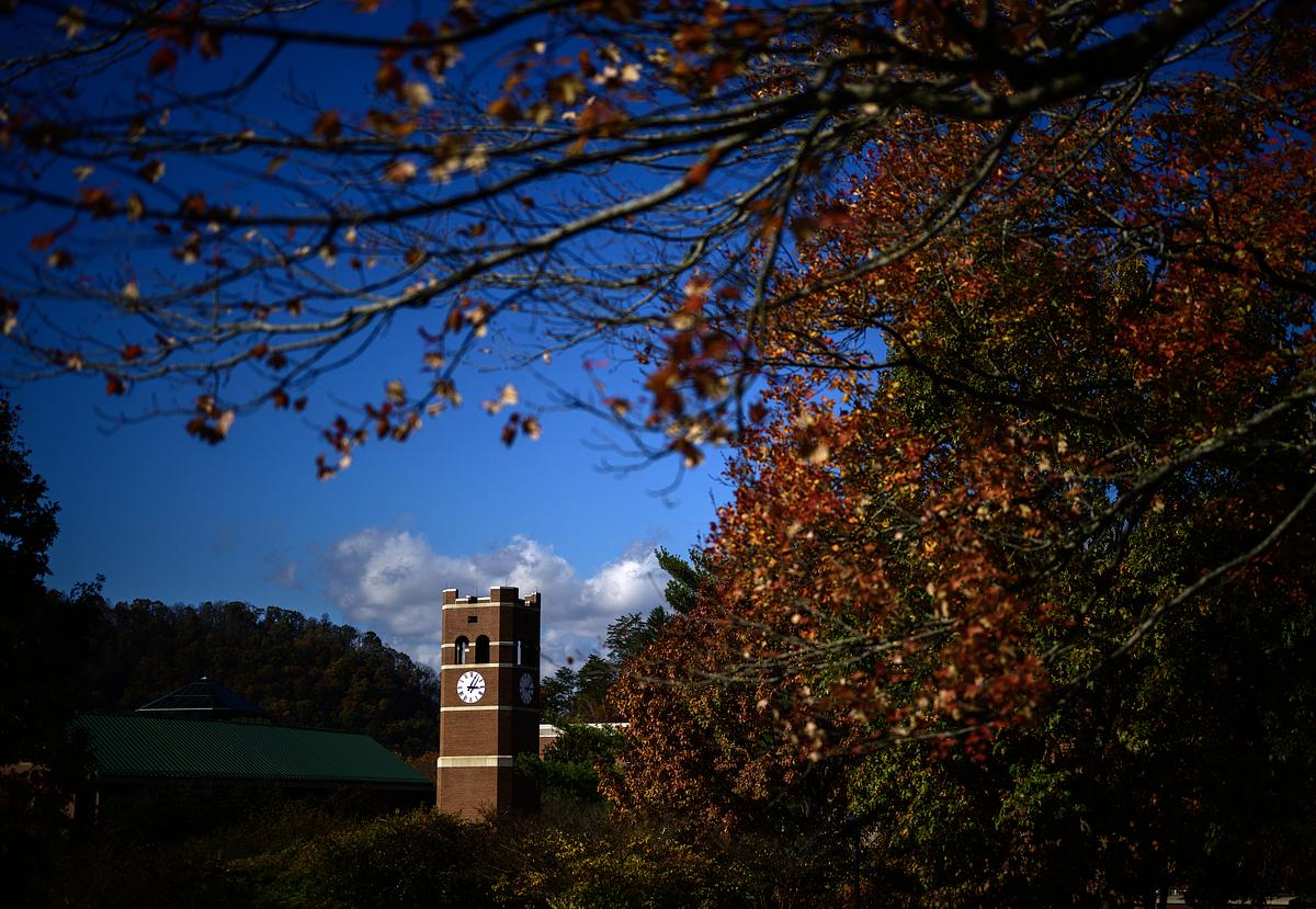 Alumni tower in the distance on a beautiful fall day