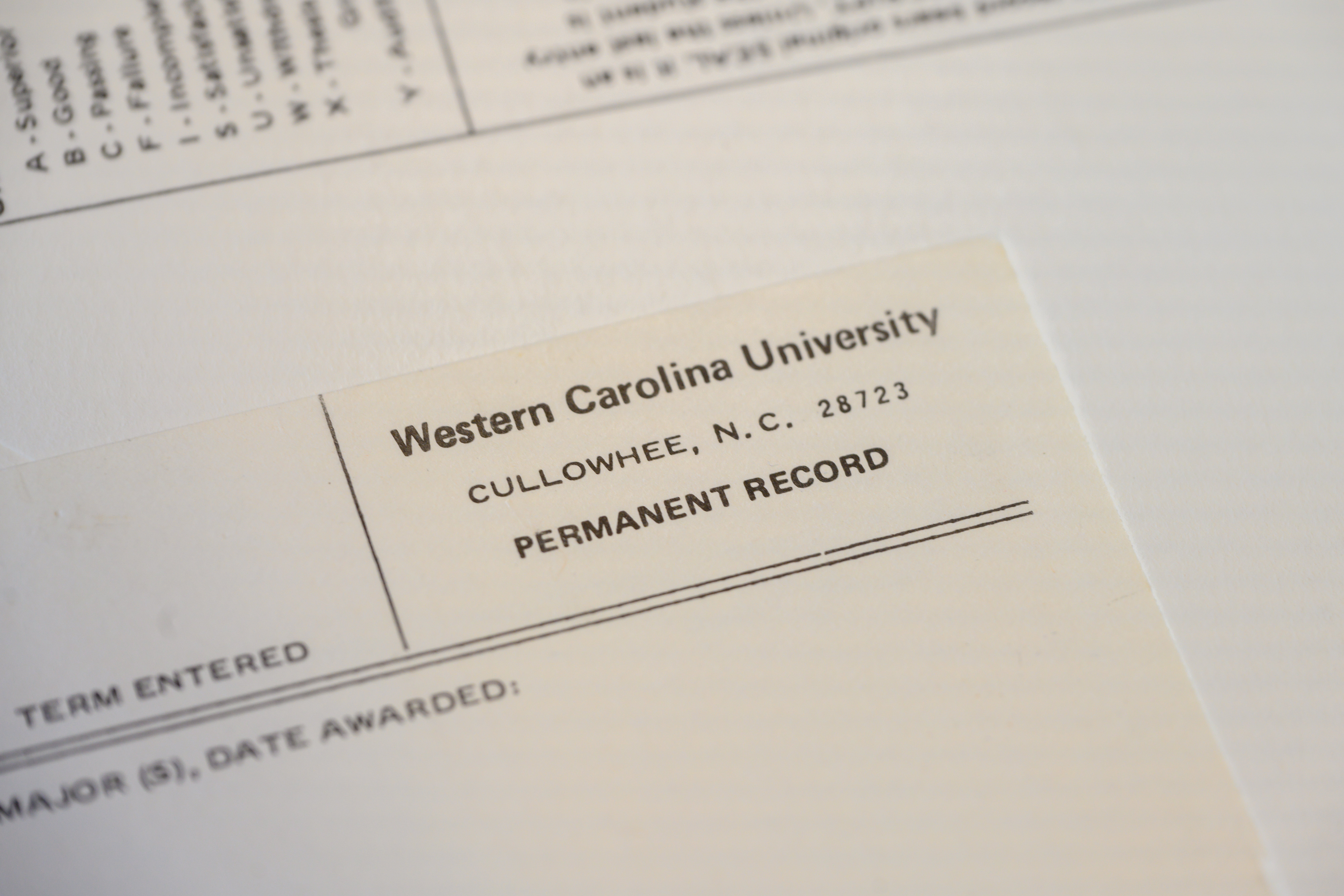 Top corner of a pre-1987 WCU transcript, reading 'Permanent Record'