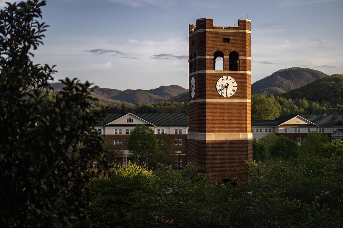 Alumni tower at sunset in the fall
