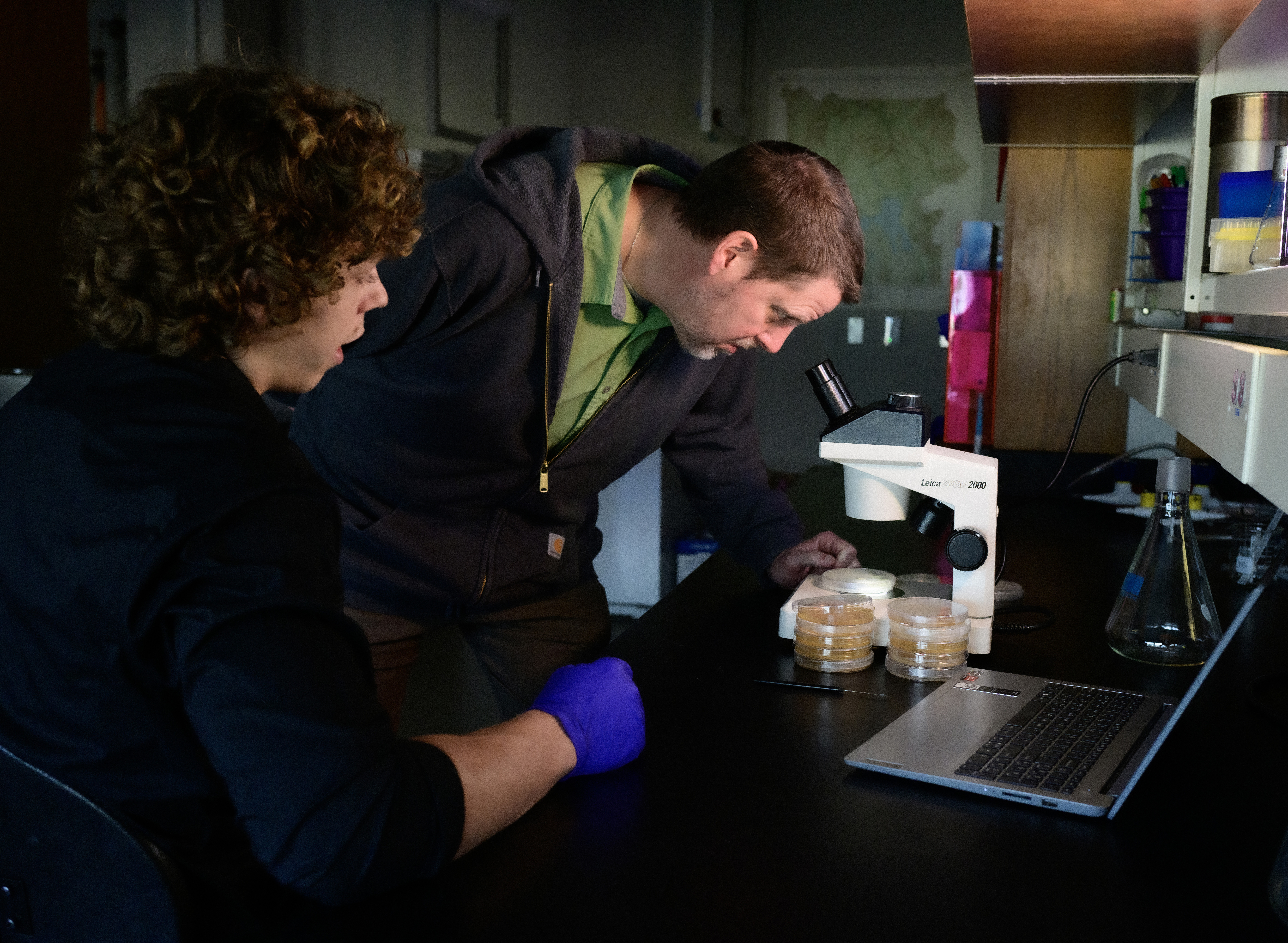 �ǿմ�ý biology professor Sean O'Connell looks into a microscope along with junior Ammon Hottensmith