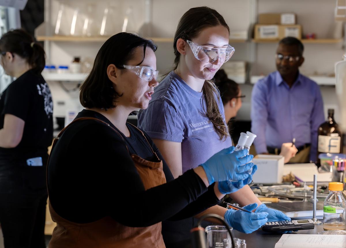 Students working together in a lab as the professor oversees their work