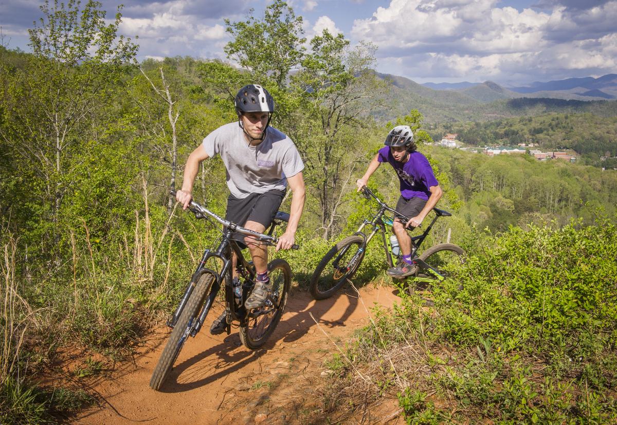 Two mountain bikers going down a trail