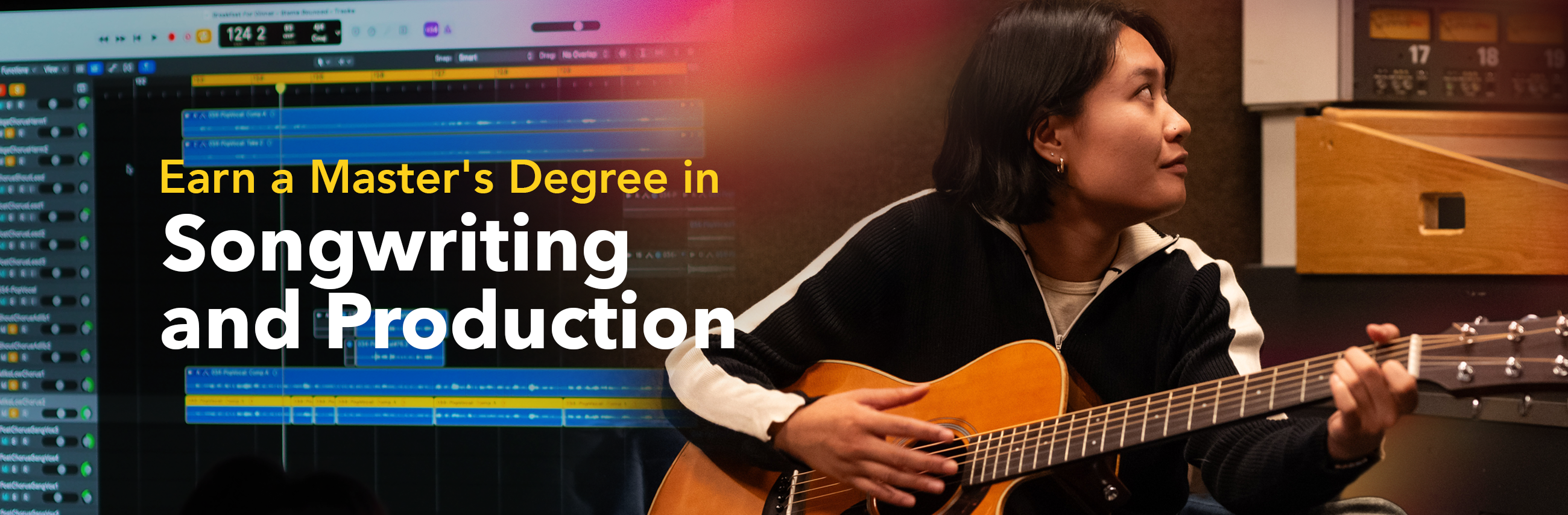 A person plays an acoustic guitar in a recording studio, with a digital audio workstation visible on screen, alongside text that reads Earn a Masters Degree in Songwriting and Production