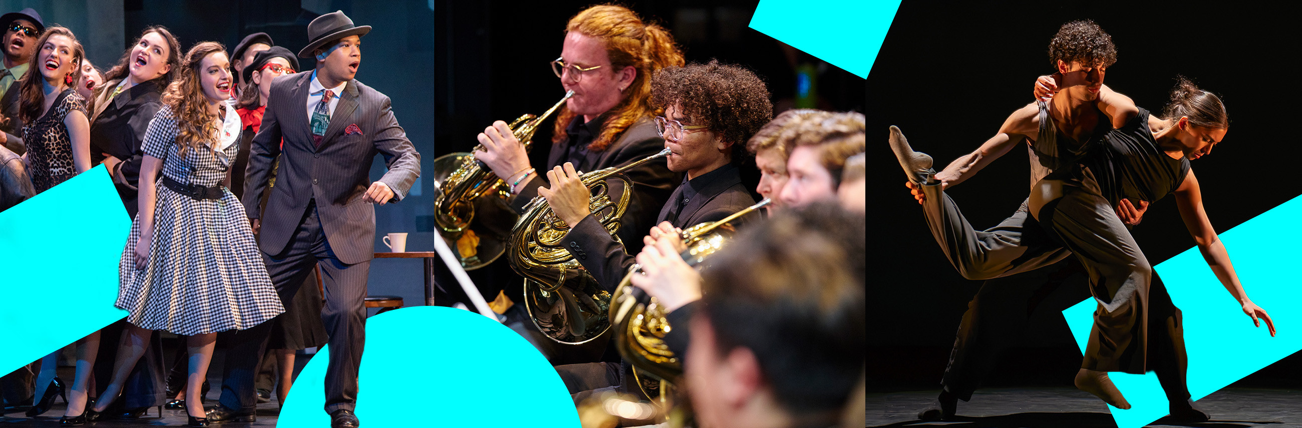 Collage of Boston Conservatory at Berklee performers in musical theater, an orchestral ensemble, and contemporary dance.