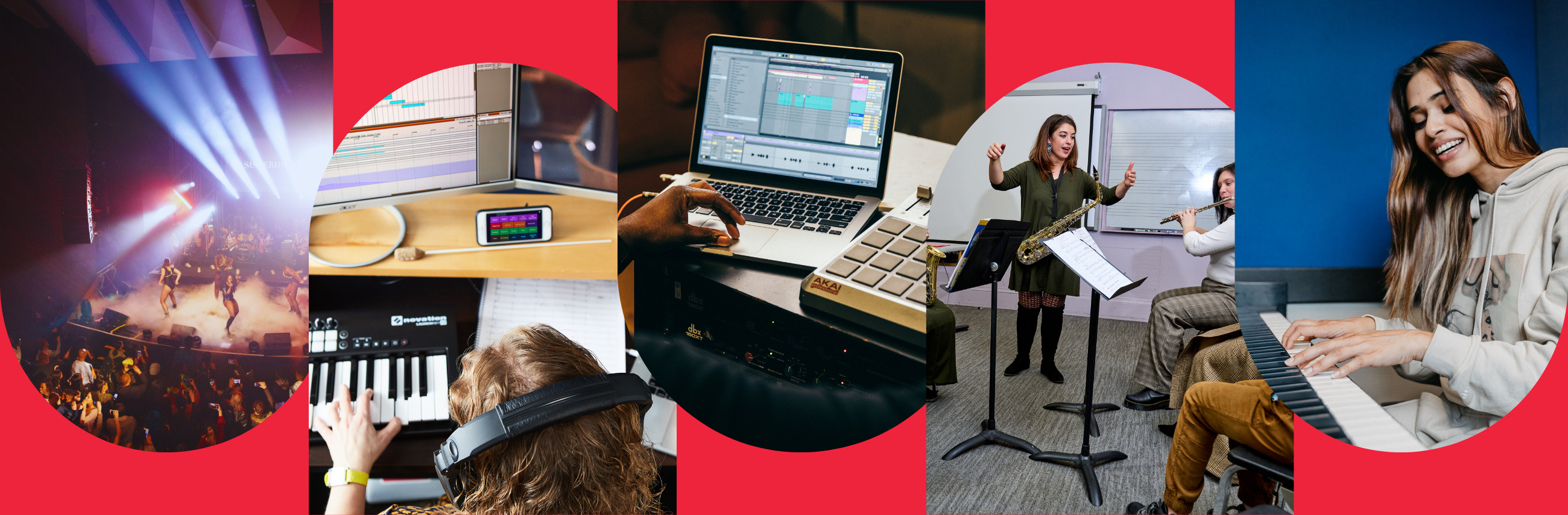 Collage showing music production, mixing, and live performance scenes on a red background.