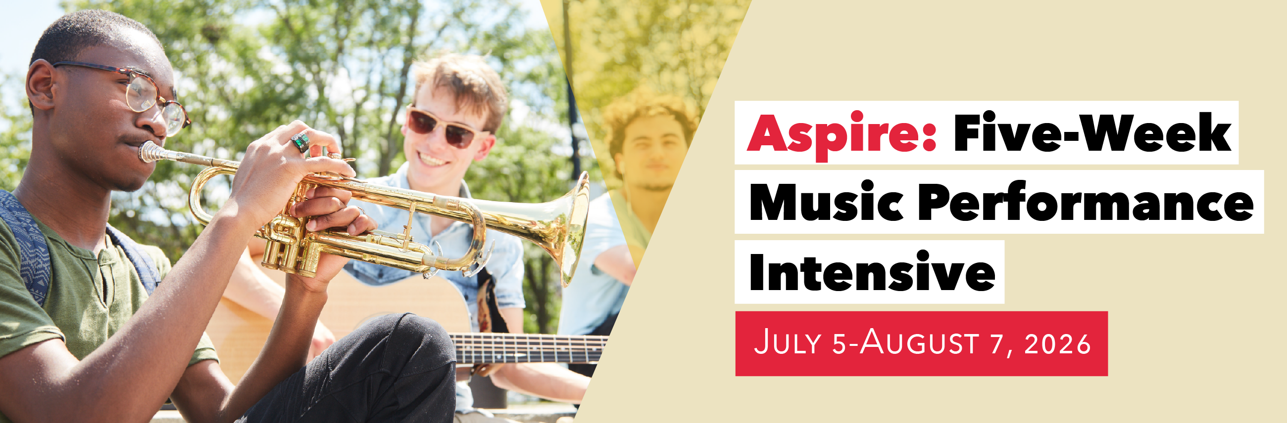 A student plays trumpet outdoors with a guitarist