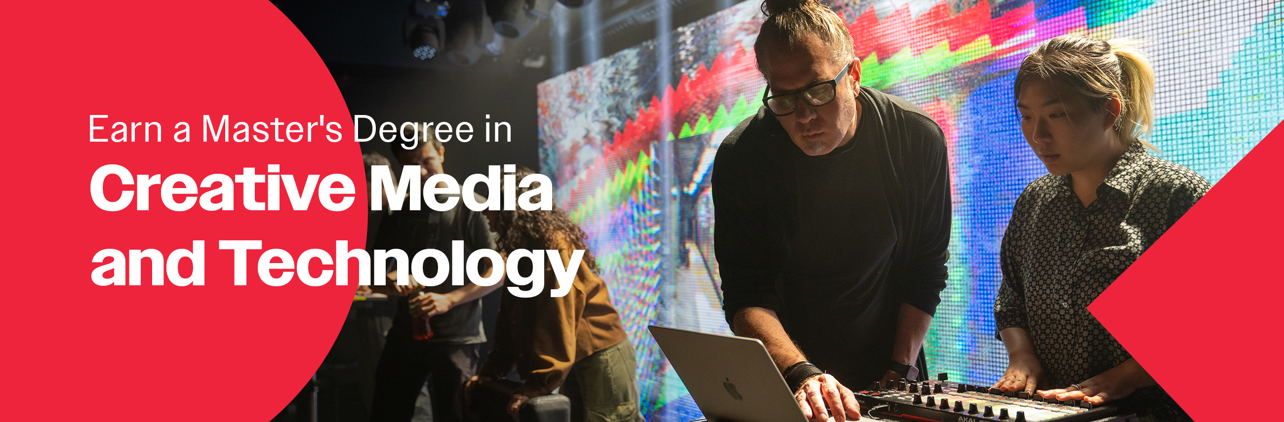 Performer with electronic music setup in front of colorful digital projection with text saying "Earn a Master's Degree in Creative Media and Technology